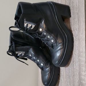 Aldo black leather lug heeled boots